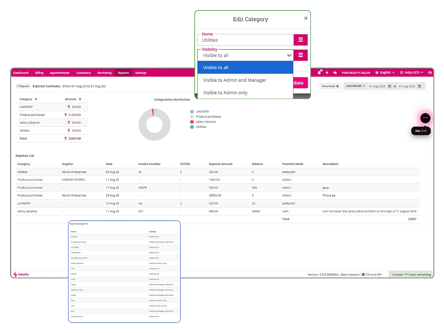 The Salonify Expense Summary report showing a categorywise expense chart, a monthly expense list, and the Edit Category dialog for setting expense visibility