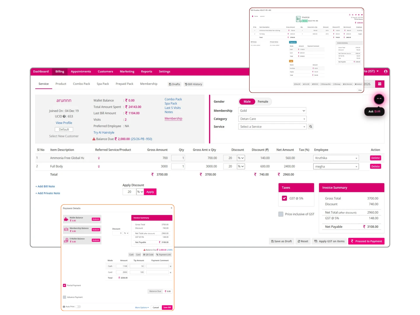 The Salonify billing screen showing an itemised service bill with per-item discounts, assigned staff, GST calculation, invoice summary and split cash and card payment